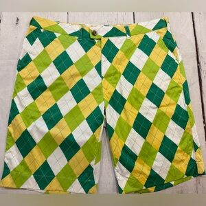 Loudmouth Golf Shorts Mens Sz 40 Green Yellow Argyle Print Cotton Stretch as is